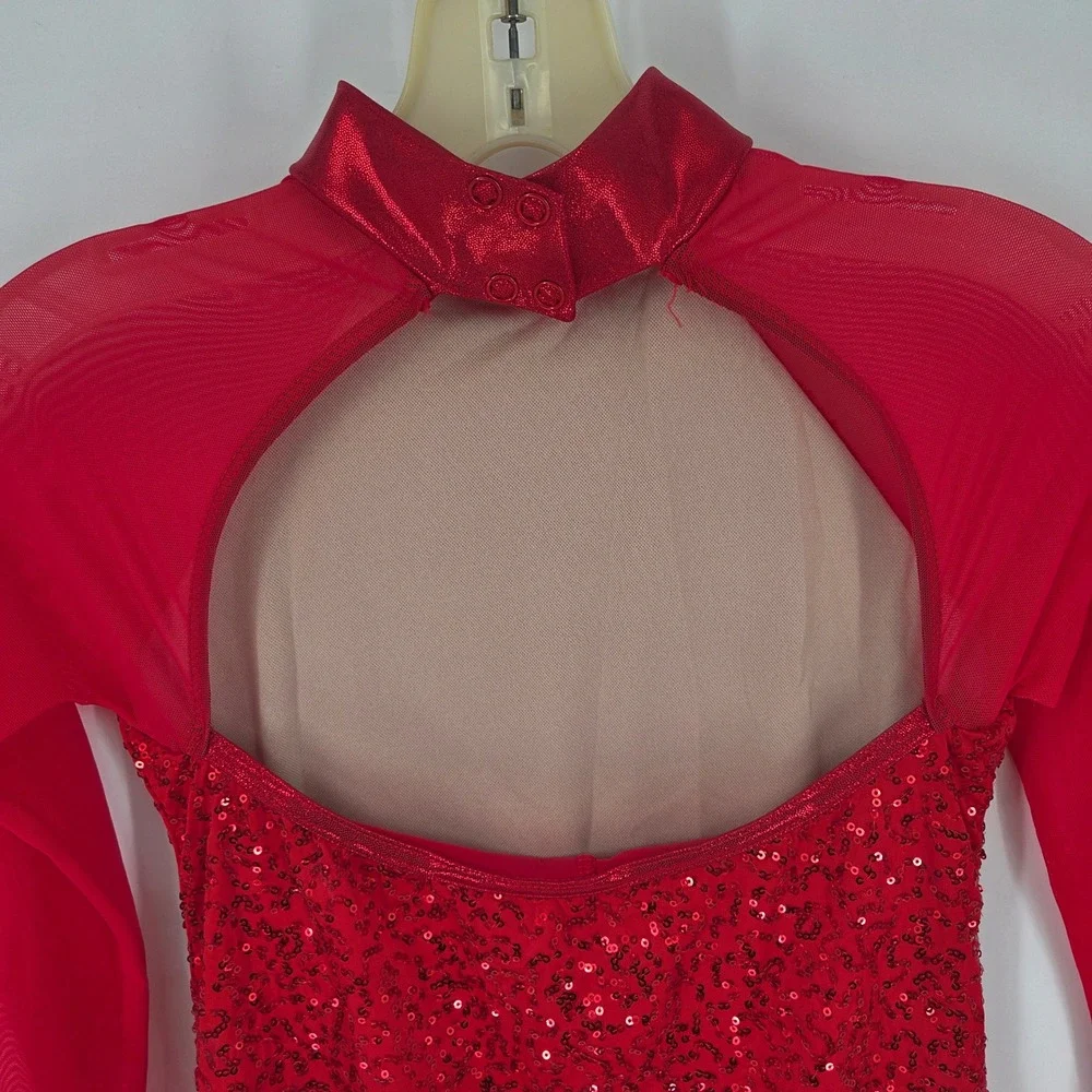 Balera Red Sequin Dance Leotard Dress Long Mesh Sleeve Mock Neck LC Kids